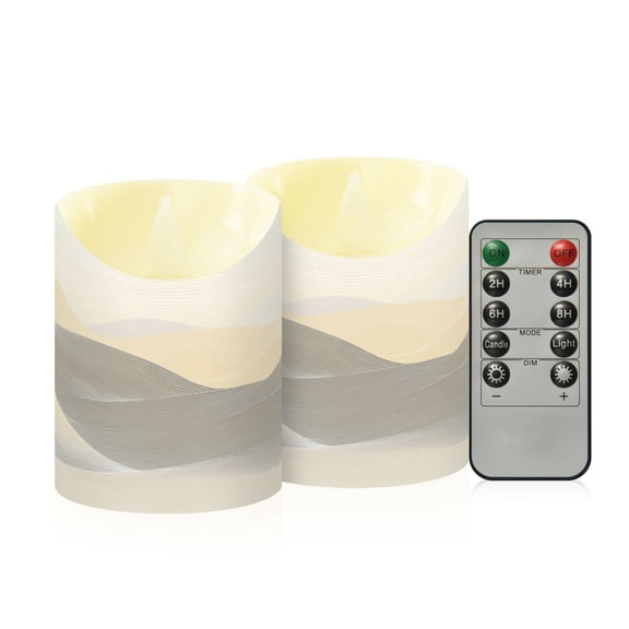2 PCS Tilted Flameless Candles Flickering LED Lights Battery Operated Candles with Remote Timers for Holiday Decor Light Gray Mountains