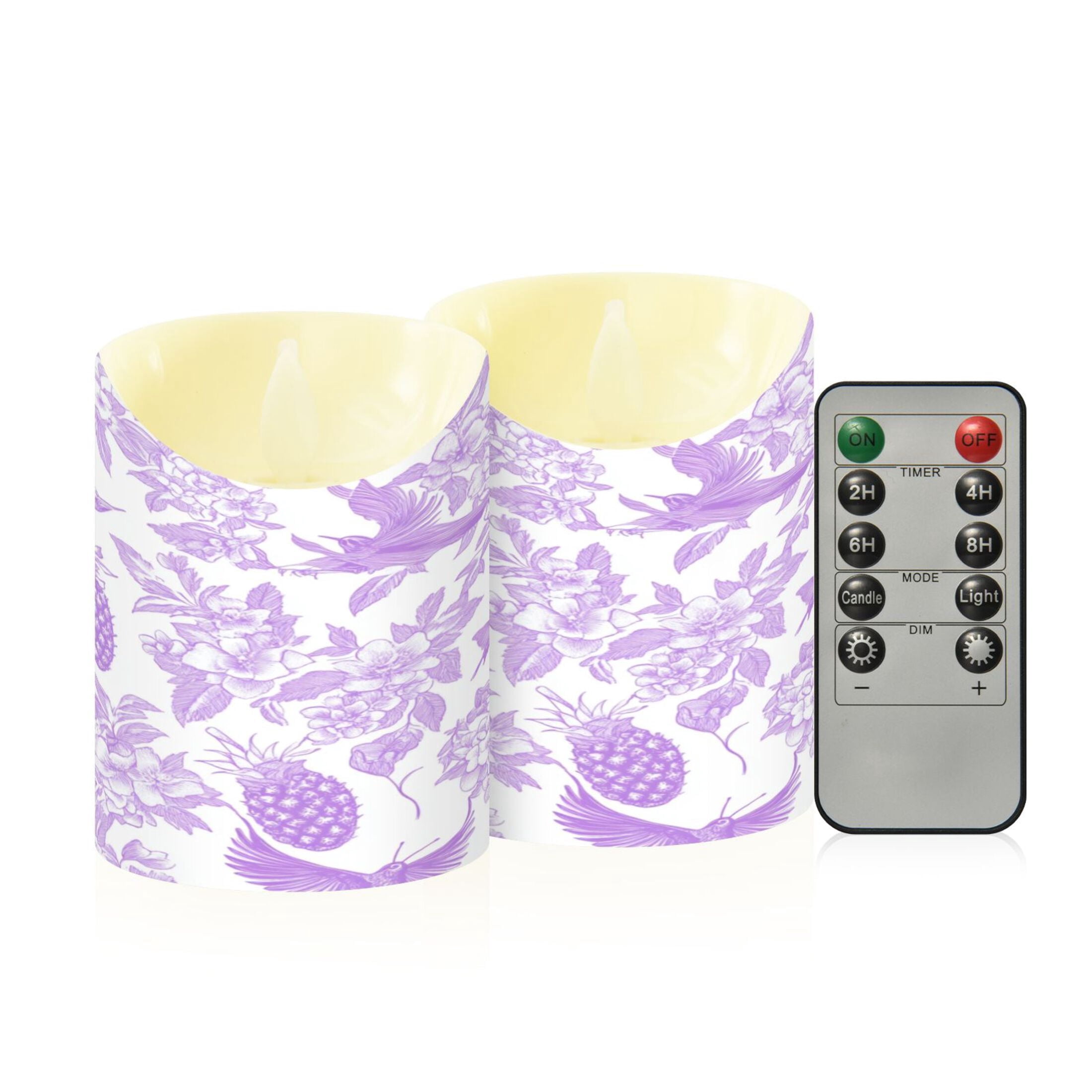 2 PCS Tilted Flameless Candles Flickering LED Lights Battery Operated Candles with Remote Timers for Holiday Decor Lilac Floral Motifs