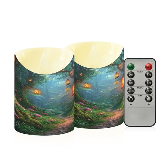 2 PCS Tilted Flameless Candles Flickering LED Lights Battery Operated Candles with Remote Timers for Holiday Decor Magic Forest Scene