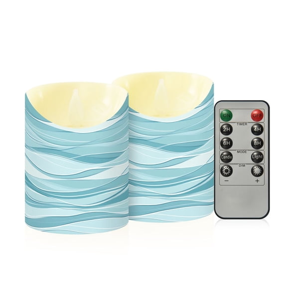 2 PCS Tilted Flameless Candles Flickering LED Lights Battery Operated Candles with Remote Timers for Holiday Decor Minimalist Waves Pattern