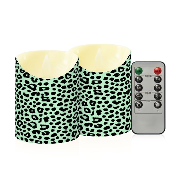 2 PCS Tilted Flameless Candles Flickering LED Lights Battery Operated Candles with Remote Timers for Holiday Decor Mint Green Leopard Print