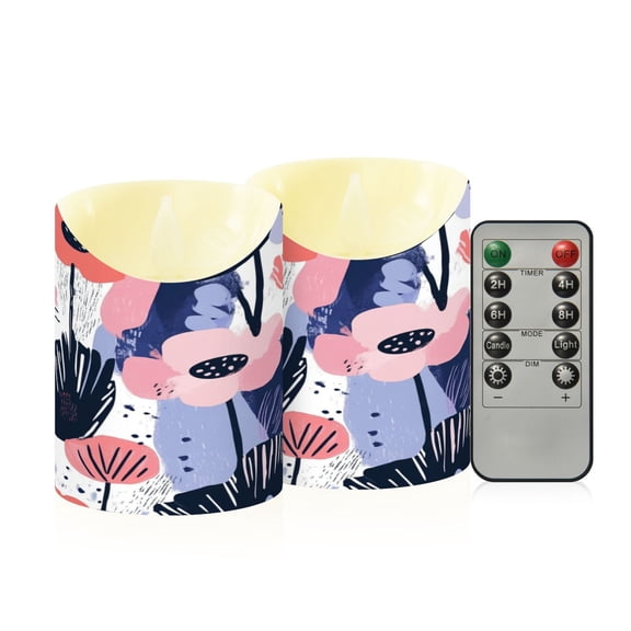 2 PCS Tilted Flameless Candles Flickering LED Lights Battery Operated Candles with Remote Timers for Holiday Decor Navy Blue Abstract Flowers