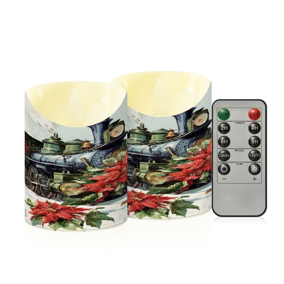 2 PCS Tilted Flameless Candles Flickering LED Lights Battery Operated Candles with Remote Timers for Holiday Decor Old Train with Flowers