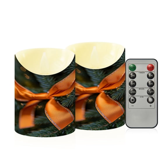 2 PCS Tilted Flameless Candles Flickering LED Lights Battery Operated Candles with Remote Timers for Holiday Decor Orange Bow
