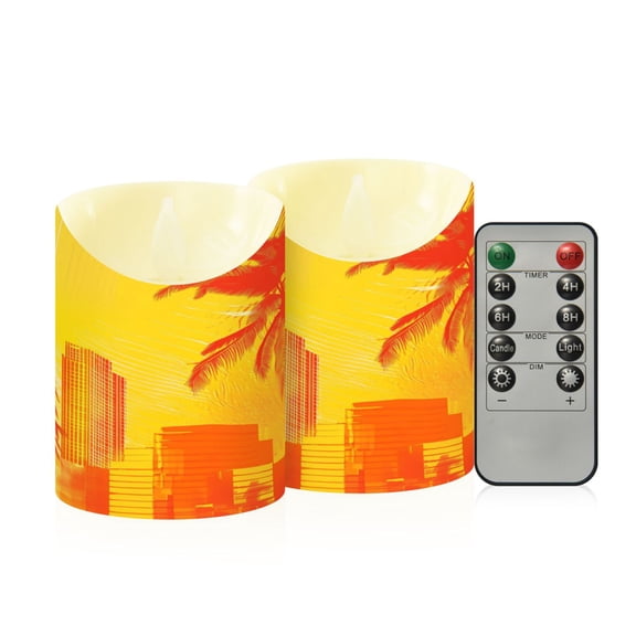 2 PCS Tilted Flameless Candles Flickering LED Lights Battery Operated Candles with Remote Timers for Holiday Decor Orange Silhouettes Of Buildings
