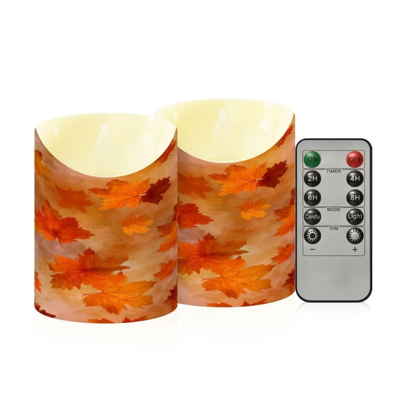 2 PCS Tilted Flameless Candles Flickering LED Lights Battery Operated Candles with Remote Timers for Holiday Decor Orange and Brown Autumn Leaves