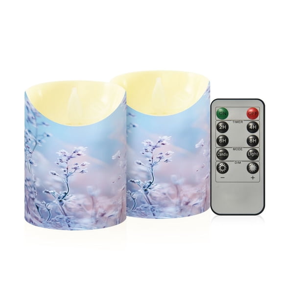 2 PCS Tilted Flameless Candles Flickering LED Lights Battery Operated Candles with Remote Timers for Holiday Decor Pastel Blue Wildflowers