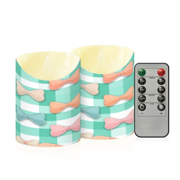 2 PCS Tilted Flameless Candles Flickering LED Lights Battery Operated Candles with Remote Timers for Holiday Decor Pastel Green and Peach Bows