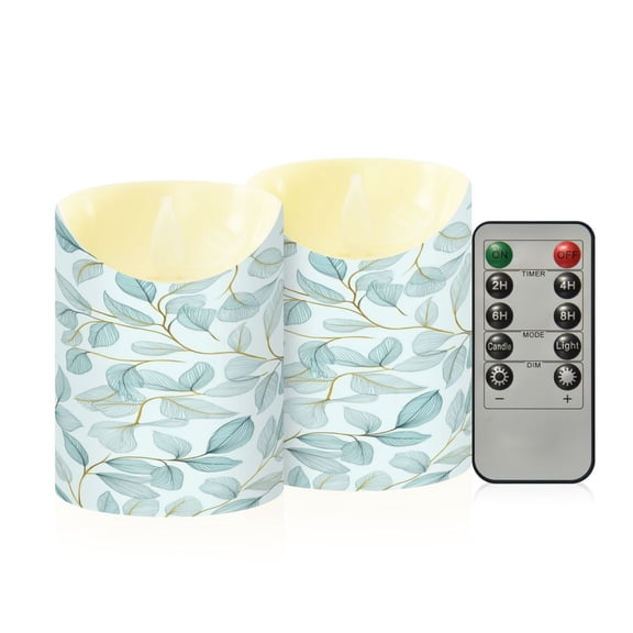 2 PCS Tilted Flameless Candles Flickering LED Lights Battery Operated Candles with Remote Timers for Holiday Decor Pastel Mint Green Leaves
