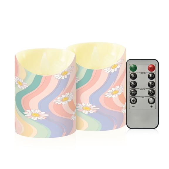2 PCS Tilted Flameless Candles Flickering LED Lights Battery Operated Candles with Remote Timers for Holiday Decor Pastel Rainbow Colors Pattern