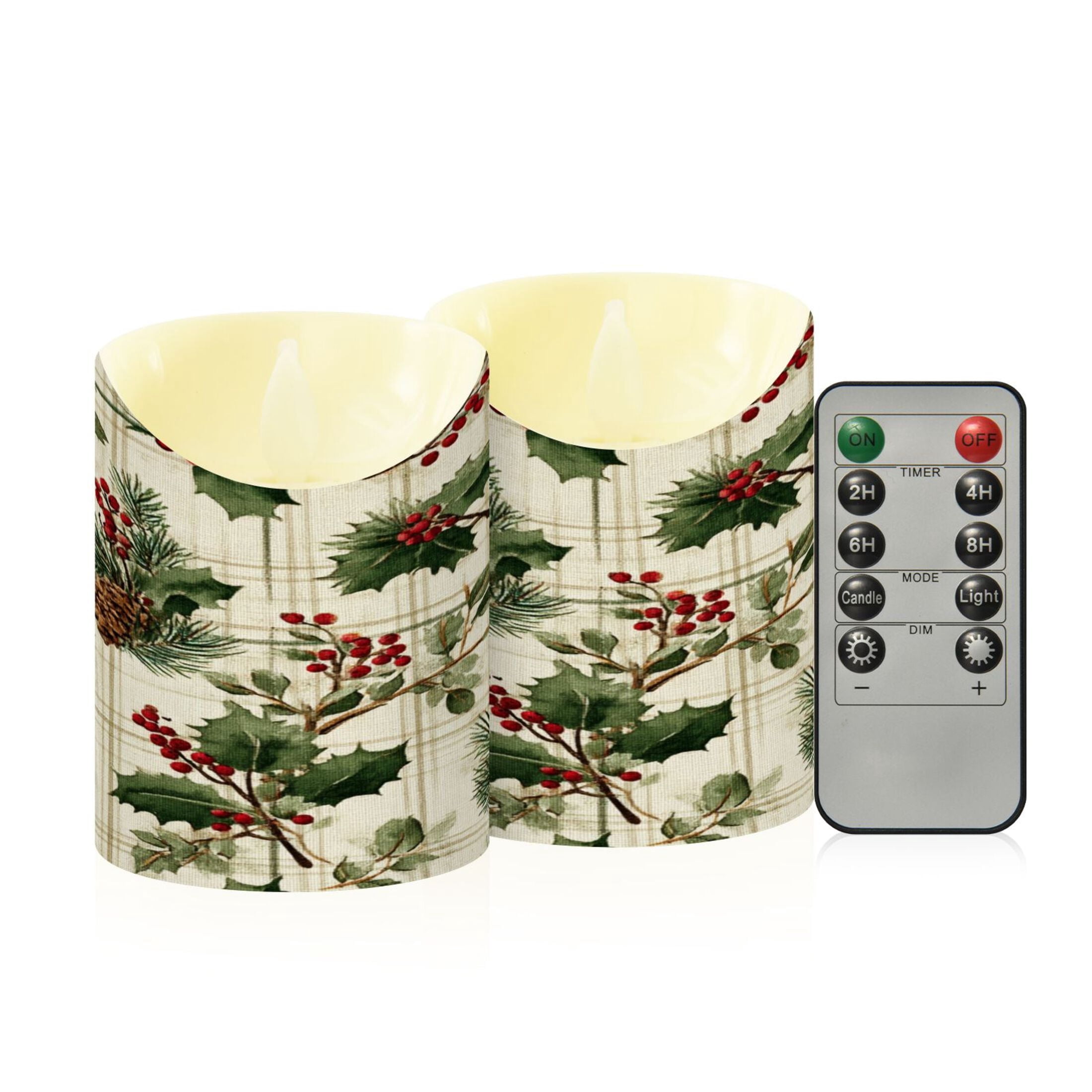 2 PCS Tilted Flameless Candles Flickering LED Lights Battery Operated Candles with Remote Timers for Holiday Decor Pine Boughs and Holly Pattern