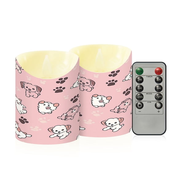 2 PCS Tilted Flameless Candles Flickering LED Lights Battery Operated Candles with Remote Timers for Holiday Decor Pink Cartoon Puppy Pattern