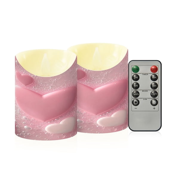2 PCS Tilted Flameless Candles Flickering LED Lights Battery Operated Candles with Remote Timers for Holiday Decor Pink Heart Bubbles