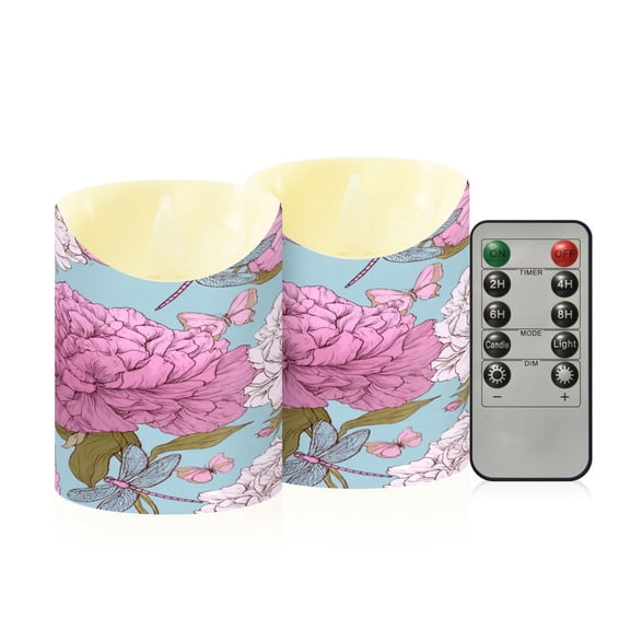 2 PCS Tilted Flameless Candles Flickering LED Lights Battery Operated Candles with Remote Timers for Holiday Decor Pink Peony Pattern