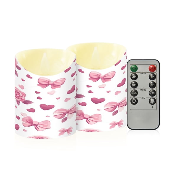 2 PCS Tilted Flameless Candles Flickering LED Lights Battery Operated Candles with Remote Timers for Holiday Decor Pink Roses and Bows