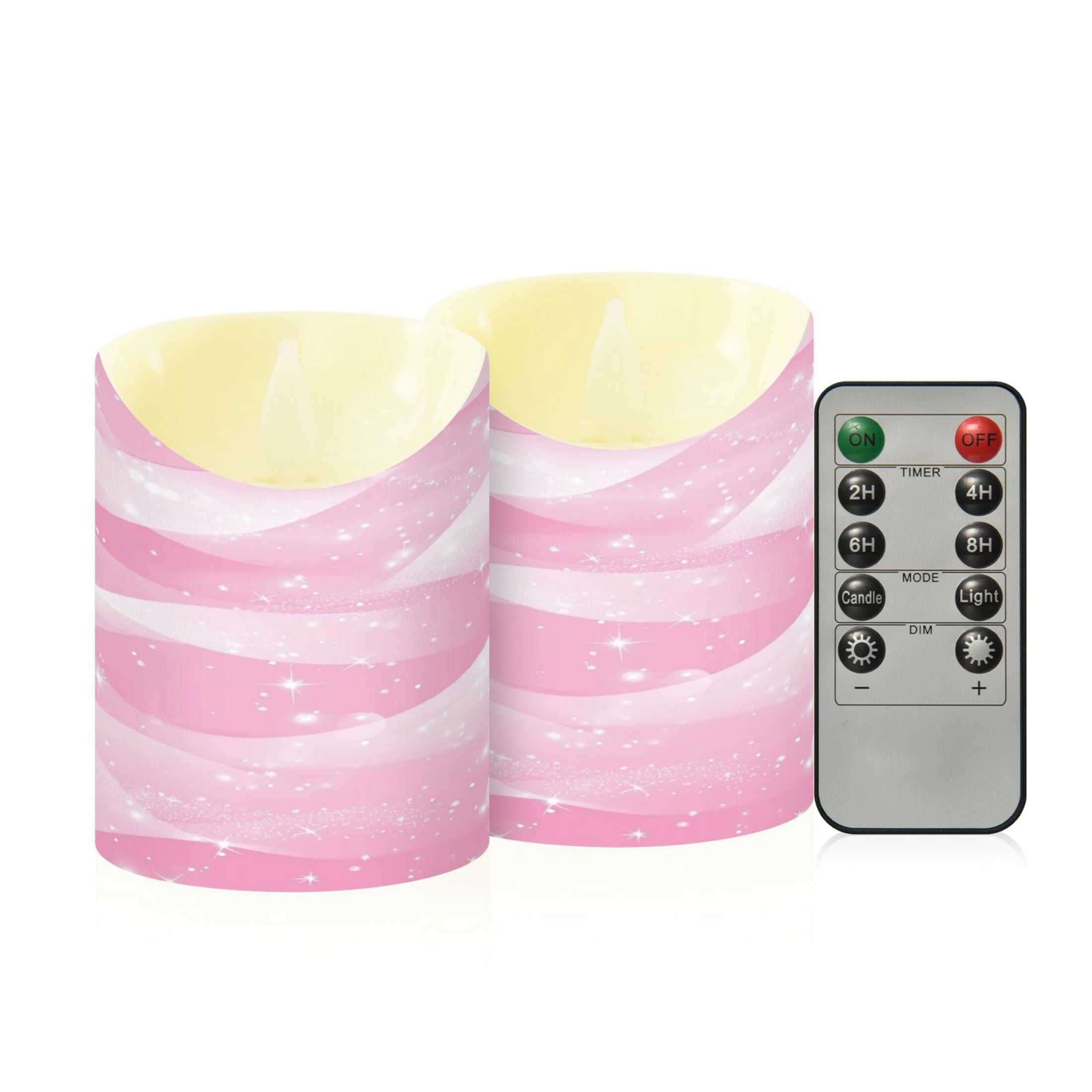 2 PCS Tilted Flameless Candles Flickering LED Lights Battery Operated Candles with Remote Timers for Holiday Decor Pink Stars and Waves