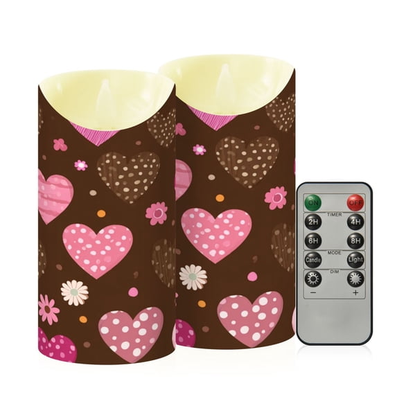 2 PCS Tilted Flameless Candles Flickering LED Lights Battery Operated Candles with Remote Timers for Holiday Decor Pink and Brown Hearts Pattern