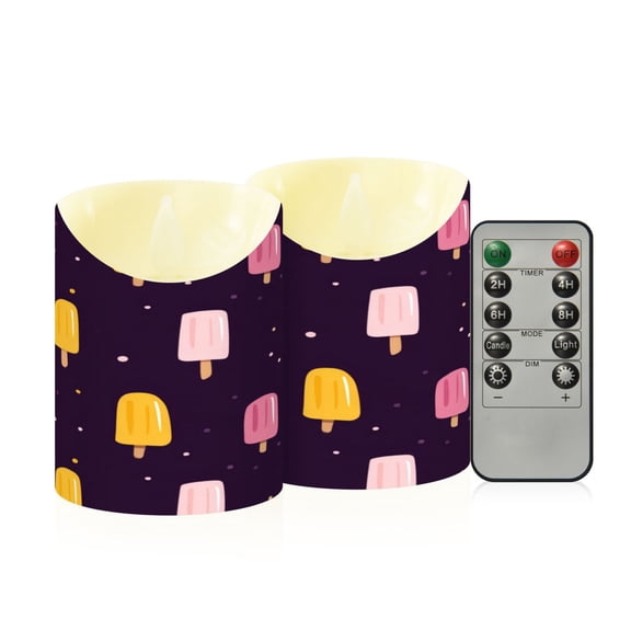 2 PCS Tilted Flameless Candles Flickering LED Lights Battery Operated Candles with Remote Timers for Holiday Decor Pink and Yellow Popsicle Pattern