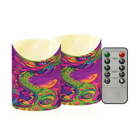 2 PCS Tilted Flameless Candles Flickering LED Lights Battery Operated Candles with Remote Timers for Holiday Decor Psychedelic Cartoon Dragon