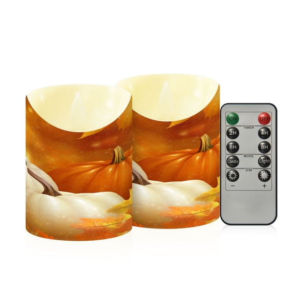 2 PCS Tilted Flameless Candles Flickering LED Lights Battery Operated Candles with Remote Timers for Holiday Decor Pumpkins and Leaves