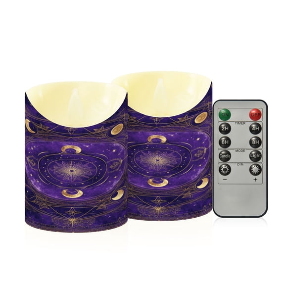 2 PCS Tilted Flameless Candles Flickering LED Lights Battery Operated Candles with Remote Timers for Holiday Decor Purple Celestial Pattern