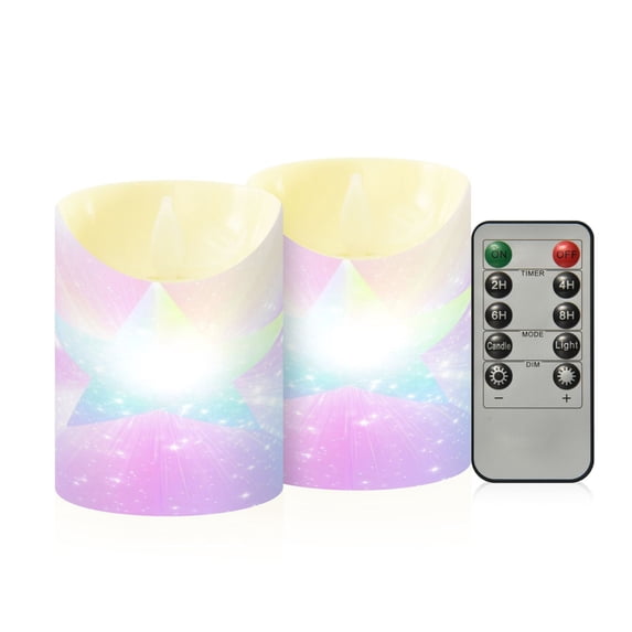 2 PCS Tilted Flameless Candles Flickering LED Lights Battery Operated Candles with Remote Timers for Holiday Decor Rainbow Gradient Stars