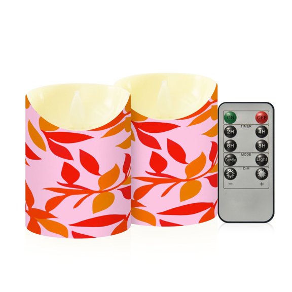 2 PCS Tilted Flameless Candles Flickering LED Lights Battery Operated Candles with Remote Timers for Holiday Decor Red Leaf Pattern