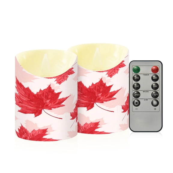 2 PCS Tilted Flameless Candles Flickering LED Lights Battery Operated Candles with Remote Timers for Holiday Decor Red Maple Leaves Pattern
