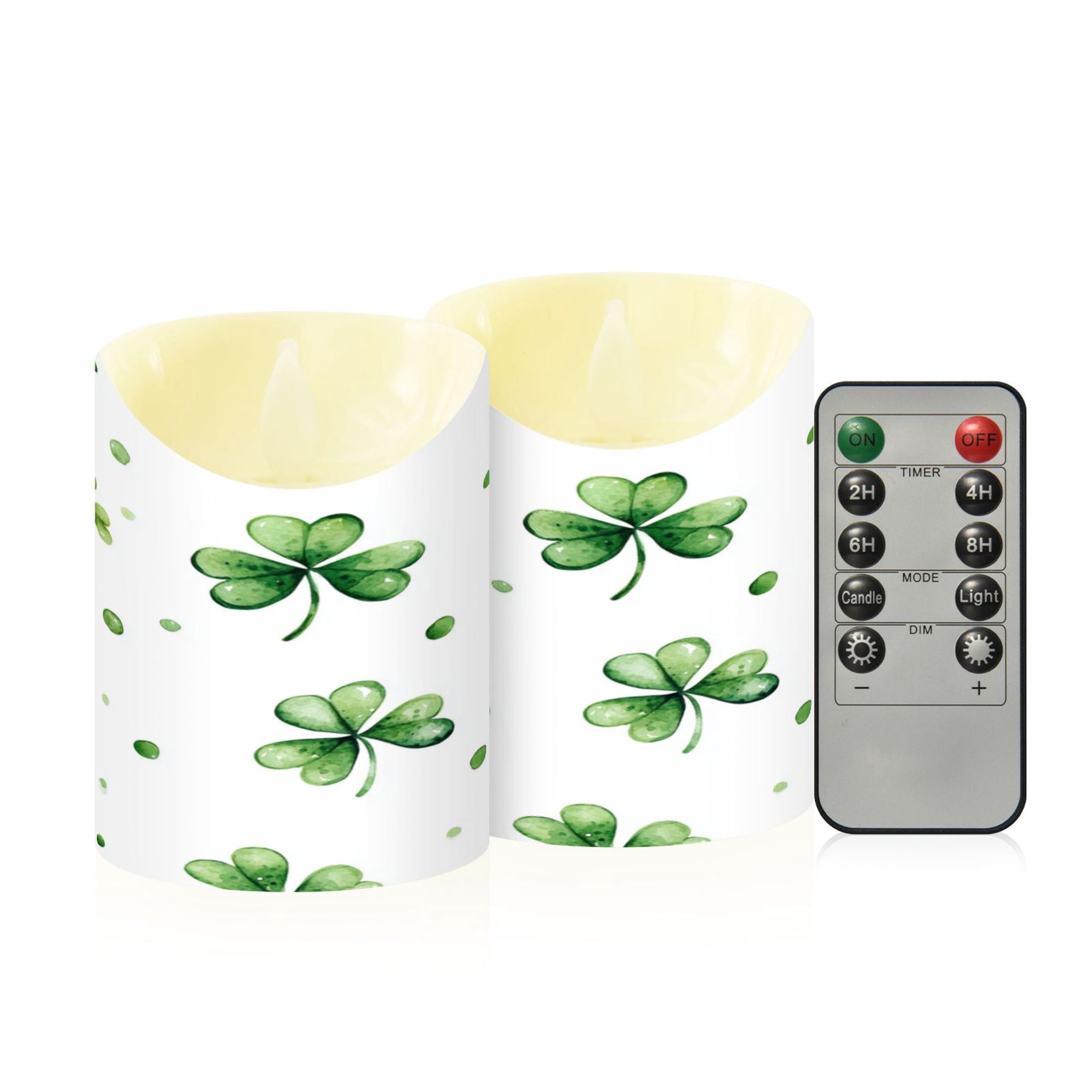 2 PCS Tilted Flameless Candles Flickering LED Lights Battery Operated Candles with Remote Timers for Holiday Decor Shamrock Leaves