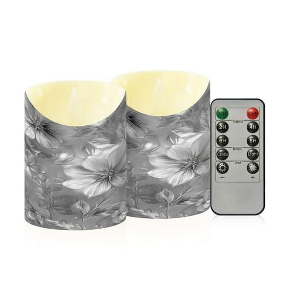 2 PCS Tilted Flameless Candles Flickering LED Lights Battery Operated Candles with Remote Timers for Holiday Decor Silver Metal Flower Pattern