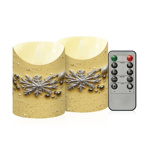 2 PCS Tilted Flameless Candles Flickering LED Lights Battery Operated Candles with Remote Timers for Holiday Decor Silver Snowflakes