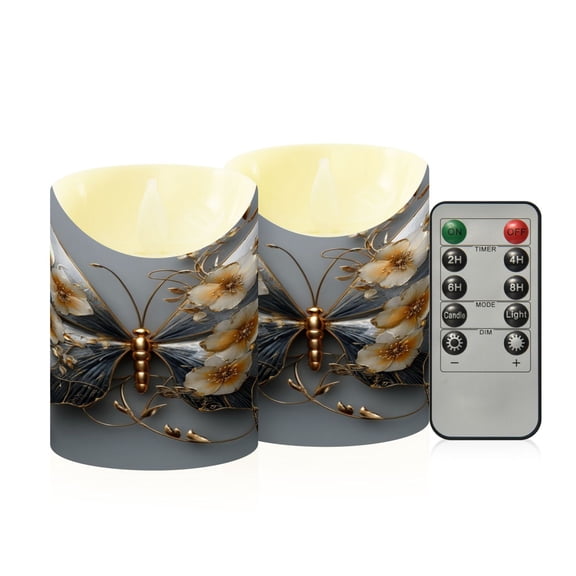 2 PCS Tilted Flameless Candles Flickering LED Lights Battery Operated Candles with Remote Timers for Holiday Decor Silver and Black Butterfly