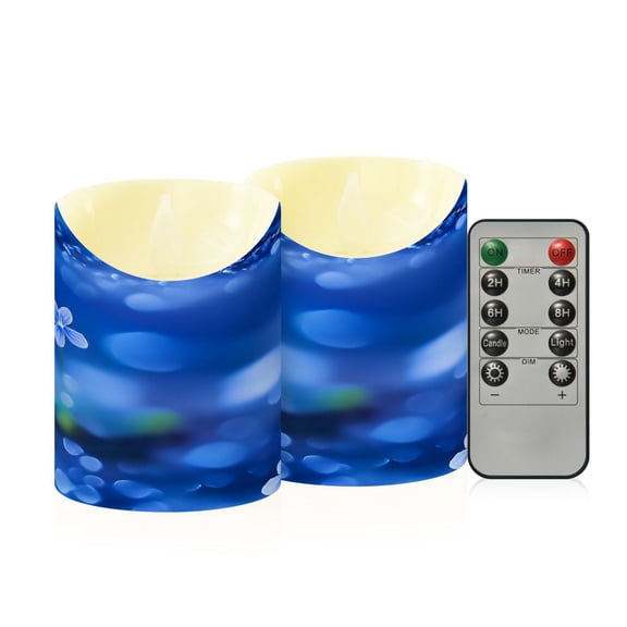 2 PCS Tilted Flameless Candles Flickering LED Lights Battery Operated Candles with Remote Timers for Holiday Decor Small Blue Flowers