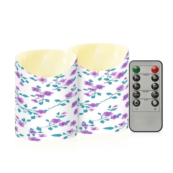 2 PCS Tilted Flameless Candles Flickering LED Lights Battery Operated Candles with Remote Timers for Holiday Decor Small Pastel Purple Floral