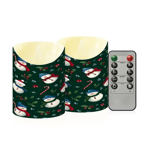 2 PCS Tilted Flameless Candles Flickering LED Lights Battery Operated Candles with Remote Timers for Holiday Decor Snowmen and Candy Canes Pattern