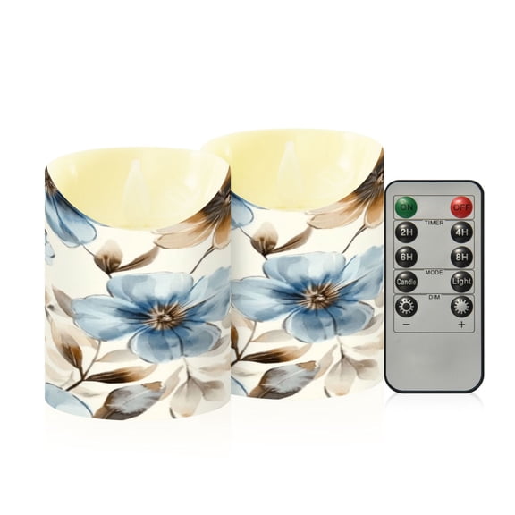 2 PCS Tilted Flameless Candles Flickering LED Lights Battery Operated Candles with Remote Timers for Holiday Decor Soft Blue Flowers