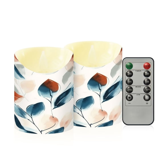 2 PCS Tilted Flameless Candles Flickering LED Lights Battery Operated Candles with Remote Timers for Holiday Decor Soft Blue Watercolor Leaves