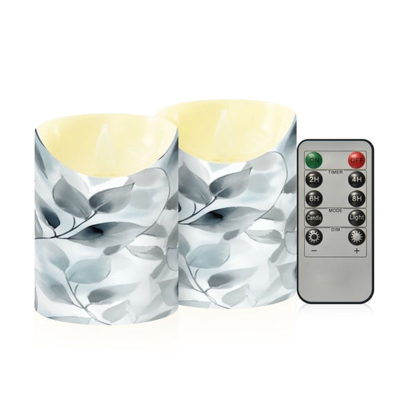 2 PCS Tilted Flameless Candles Flickering LED Lights Battery Operated Candles with Remote Timers for Holiday Decor Soft Gray Leaves