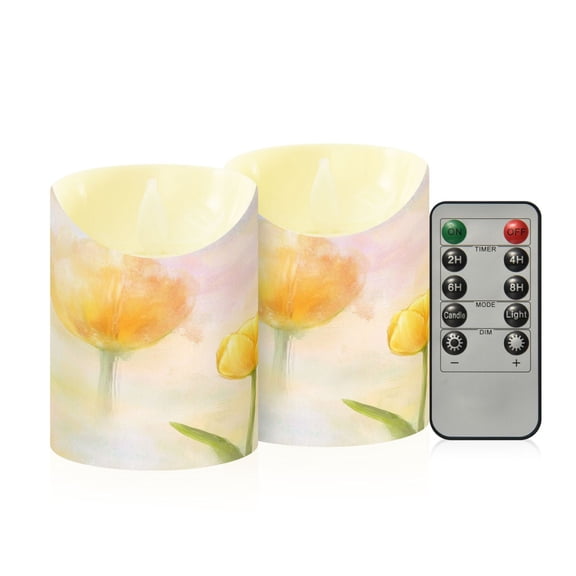 2 PCS Tilted Flameless Candles Flickering LED Lights Battery Operated Candles with Remote Timers for Holiday Decor Soft Yellow Tulip