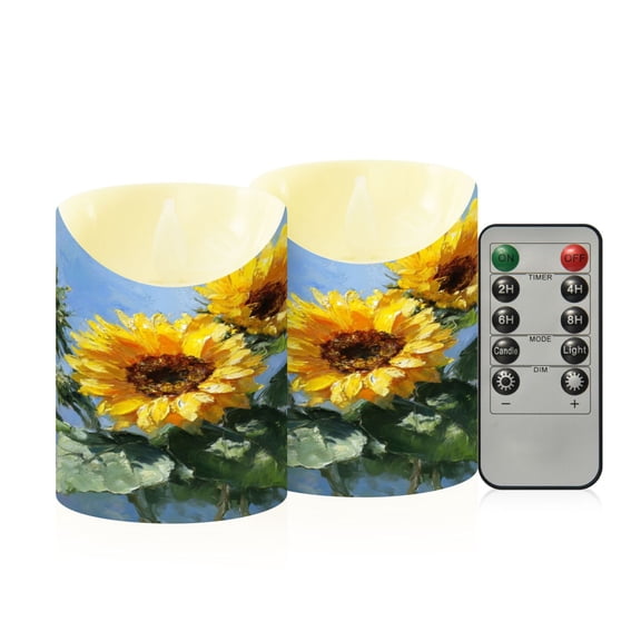 2 PCS Tilted Flameless Candles Flickering LED Lights Battery Operated Candles with Remote Timers for Holiday Decor Sunflowers Painting