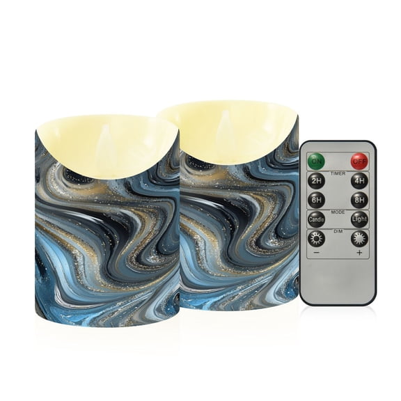2 PCS Tilted Flameless Candles Flickering LED Lights Battery Operated Candles with Remote Timers for Holiday Decor Swirling Metal and Marble Pattern