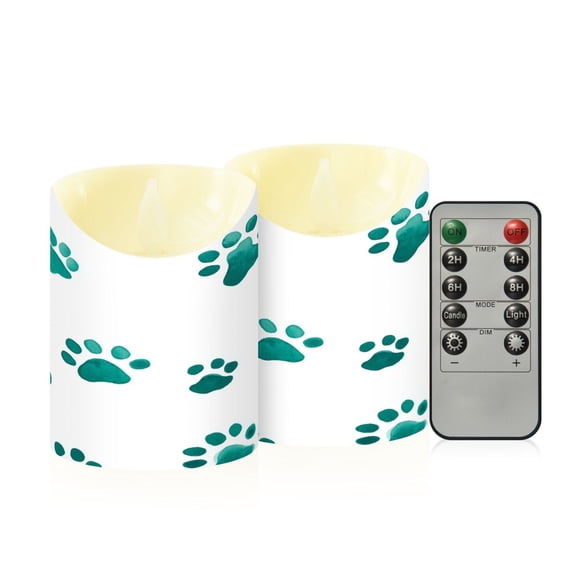 2 PCS Tilted Flameless Candles Flickering LED Lights Battery Operated Candles with Remote Timers for Holiday Decor Teal Dog Paw Prints