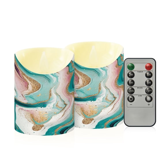 2 PCS Tilted Flameless Candles Flickering LED Lights Battery Operated Candles with Remote Timers for Holiday Decor Teal Swirling Marble Pattern