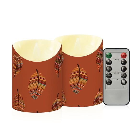 2 PCS Tilted Flameless Candles Flickering LED Lights Battery Operated Candles with Remote Timers for Holiday Decor Terracotta Tones Feather