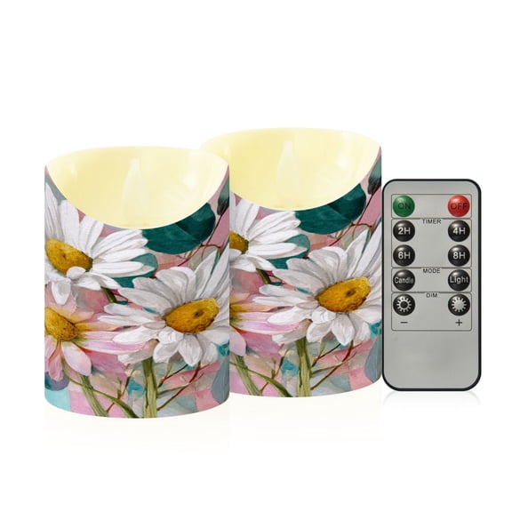 2 PCS Tilted Flameless Candles Flickering LED Lights Battery Operated Candles with Remote Timers for Holiday Decor Three Large White Daisies