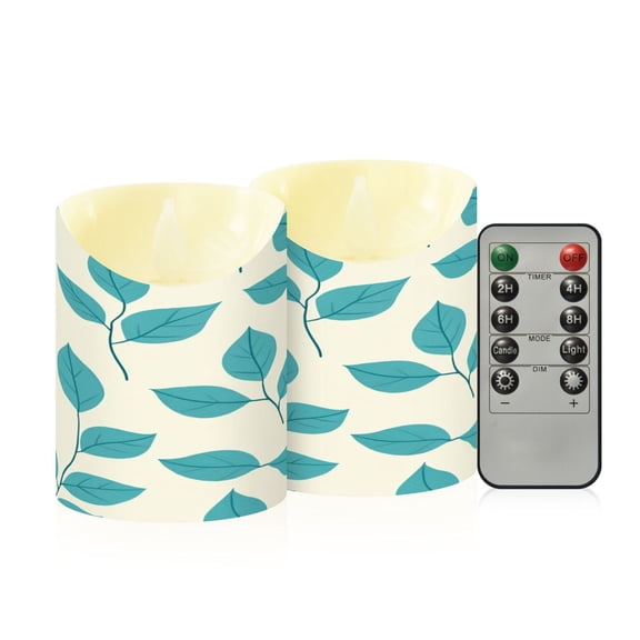 2 PCS Tilted Flameless Candles Flickering LED Lights Battery Operated Candles with Remote Timers for Holiday Decor Turquoise Leaf