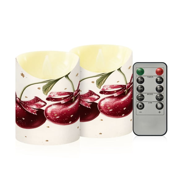 2 PCS Tilted Flameless Candles Flickering LED Lights Battery Operated Candles with Remote Timers for Holiday Decor Two Cherries with Bows