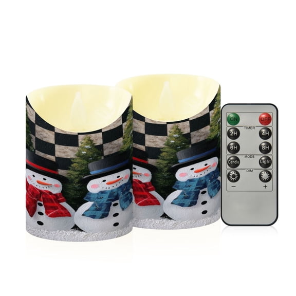 2 PCS Tilted Flameless Candles Flickering LED Lights Battery Operated Candles with Remote Timers for Holiday Decor Two Snowmen Pattern