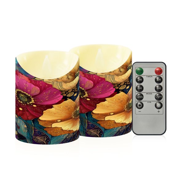 2 PCS Tilted Flameless Candles Flickering LED Lights Battery Operated Candles with Remote Timers for Holiday Decor Vibrant and Intricate Flowers