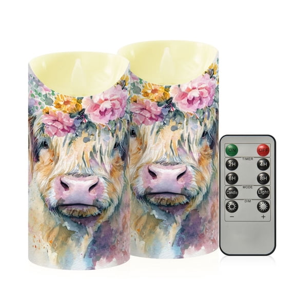 2 PCS Tilted Flameless Candles Flickering LED Lights Battery Operated Candles with Remote Timers for Holiday Decor Watercolor Highland Cow